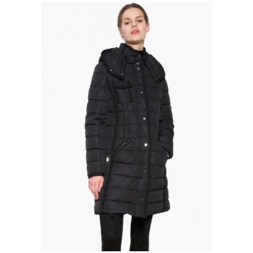 Desigual Pisa A-Line Quilted Long Black Coat Fully Lined - 40 EU